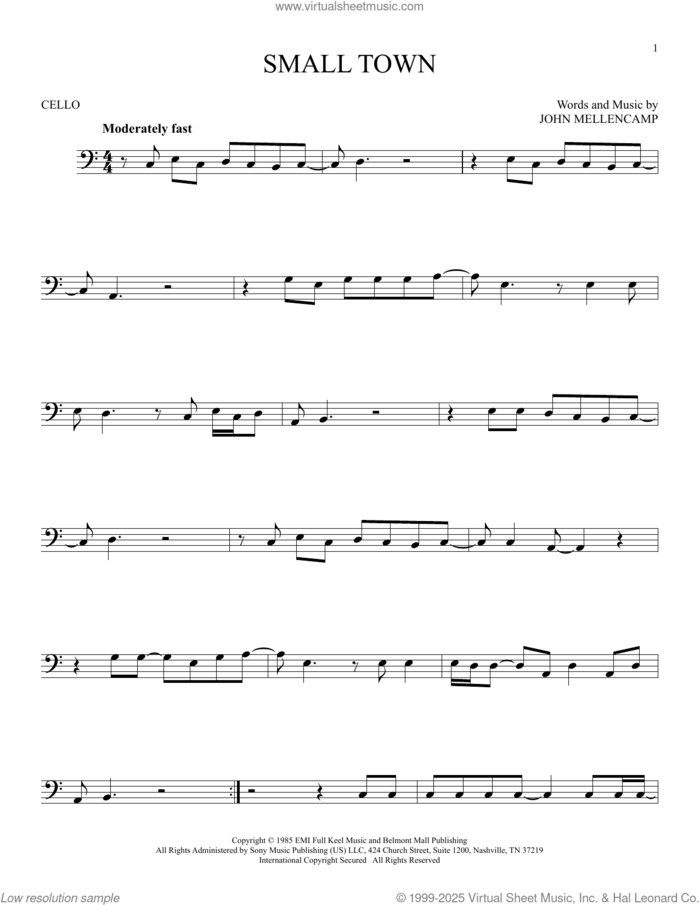 Small Town sheet music for cello solo by John Mellencamp, intermediate skill level