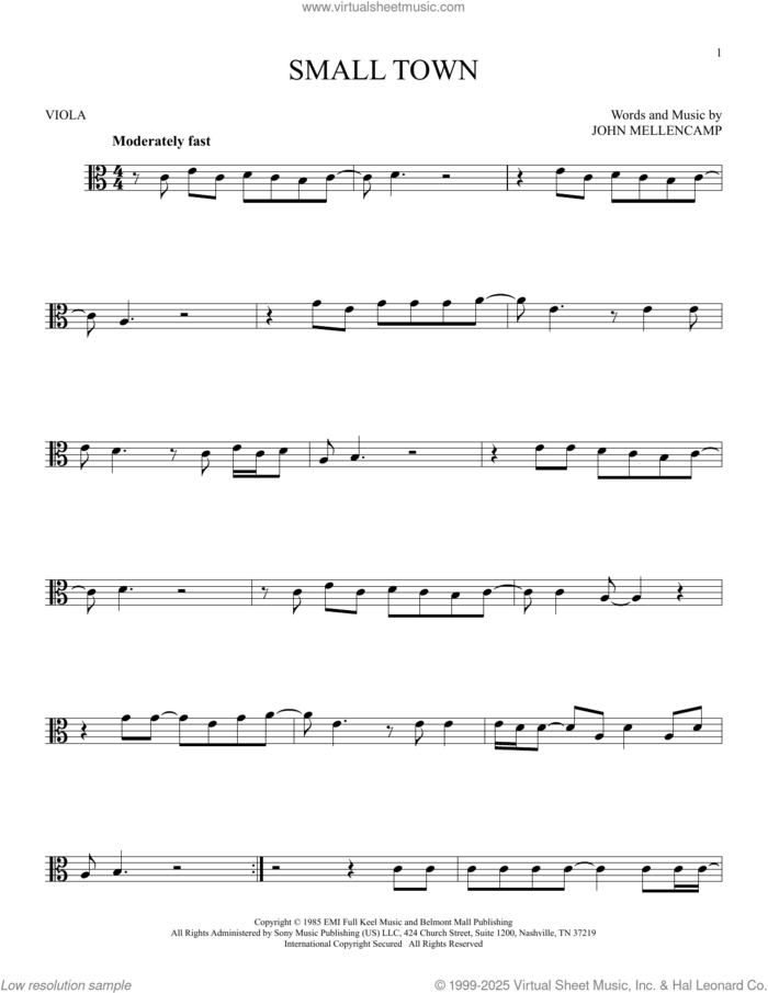 Small Town sheet music for viola solo by John Mellencamp, intermediate skill level