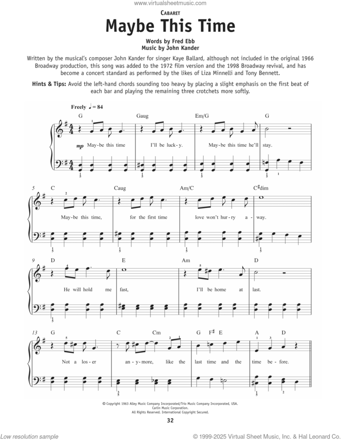 Maybe This Time (from Cabaret), (beginner) sheet music for piano solo by Kander & Ebb, Fred Ebb and John Kander, beginner skill level