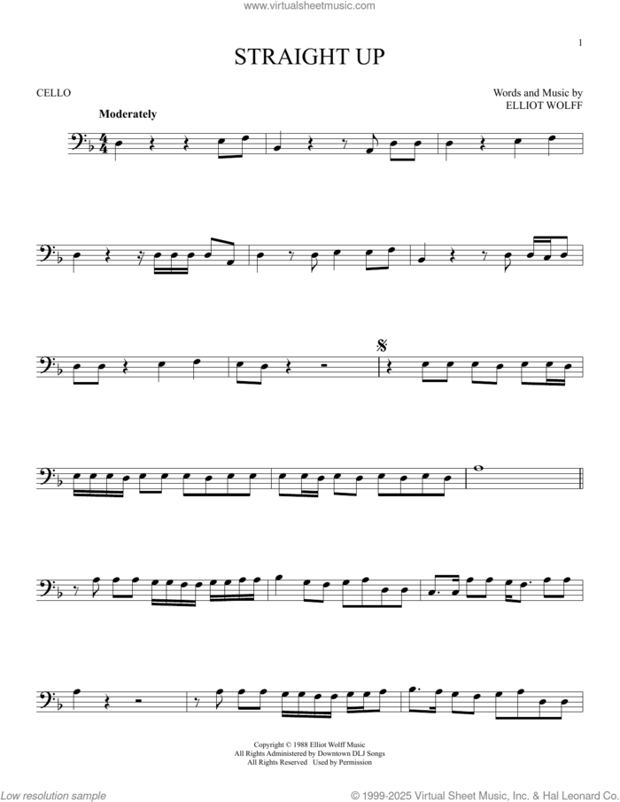 Straight Up sheet music for cello solo by Paula Abdul and Elliot Wolff, intermediate skill level