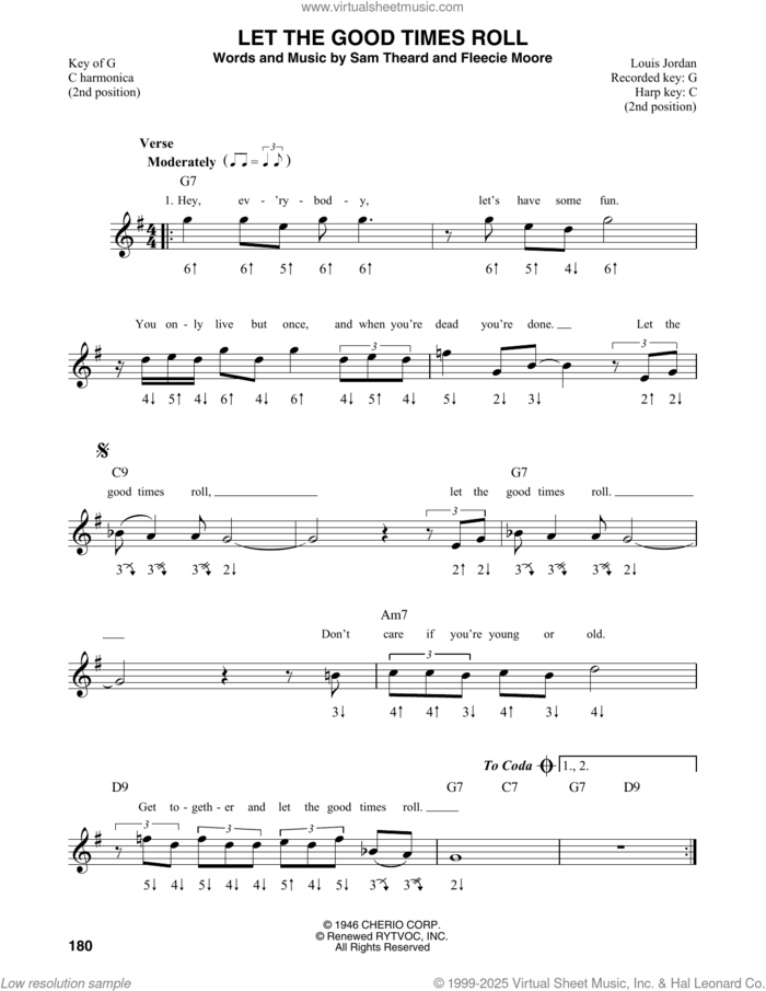 Let The Good Times Roll sheet music for harmonica solo by Shirley & Lee, Fleecie Moore and Sam Theard, intermediate skill level