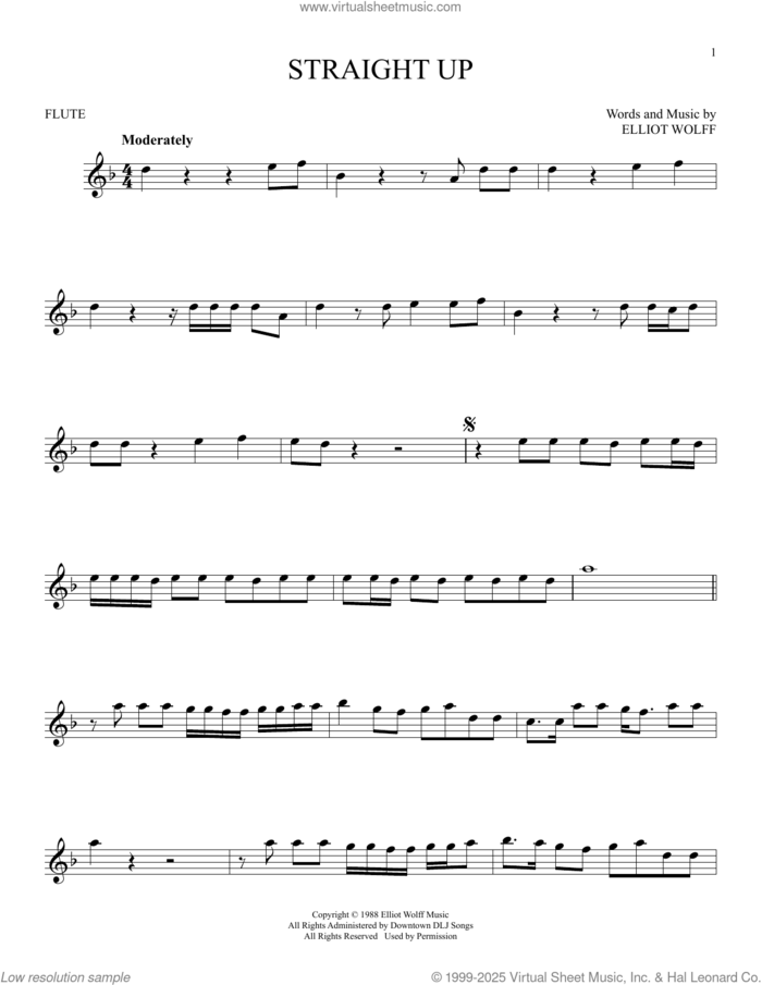 Straight Up sheet music for flute solo by Paula Abdul and Elliot Wolff, intermediate skill level