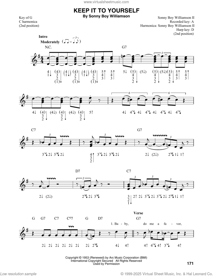 Keep It To Yourself sheet music for harmonica solo by Sonny Boy Williamson, intermediate skill level