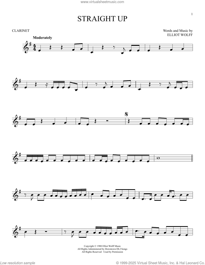 Straight Up sheet music for clarinet solo by Paula Abdul and Elliot Wolff, intermediate skill level