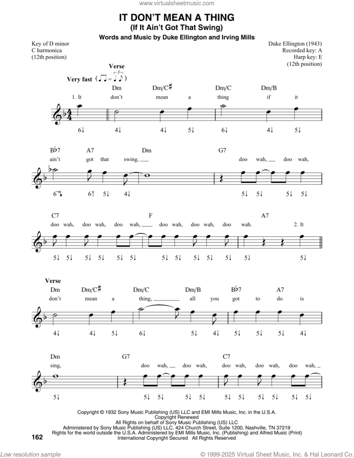 It Don't Mean A Thing (If It Ain't Got That Swing) sheet music for harmonica solo by Duke Ellington and Irving Mills, intermediate skill level