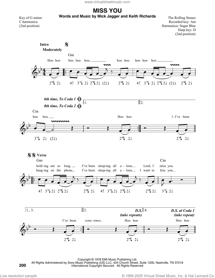 Miss You sheet music for harmonica solo by The Rolling Stones, Keith Richards and Mick Jagger, intermediate skill level