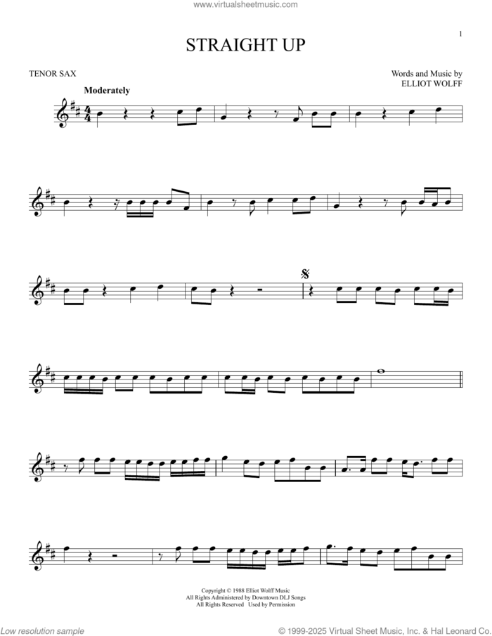 Straight Up sheet music for tenor saxophone solo by Paula Abdul and Elliot Wolff, intermediate skill level