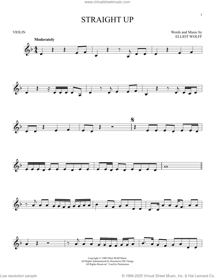 Straight Up sheet music for violin solo by Paula Abdul and Elliot Wolff, intermediate skill level