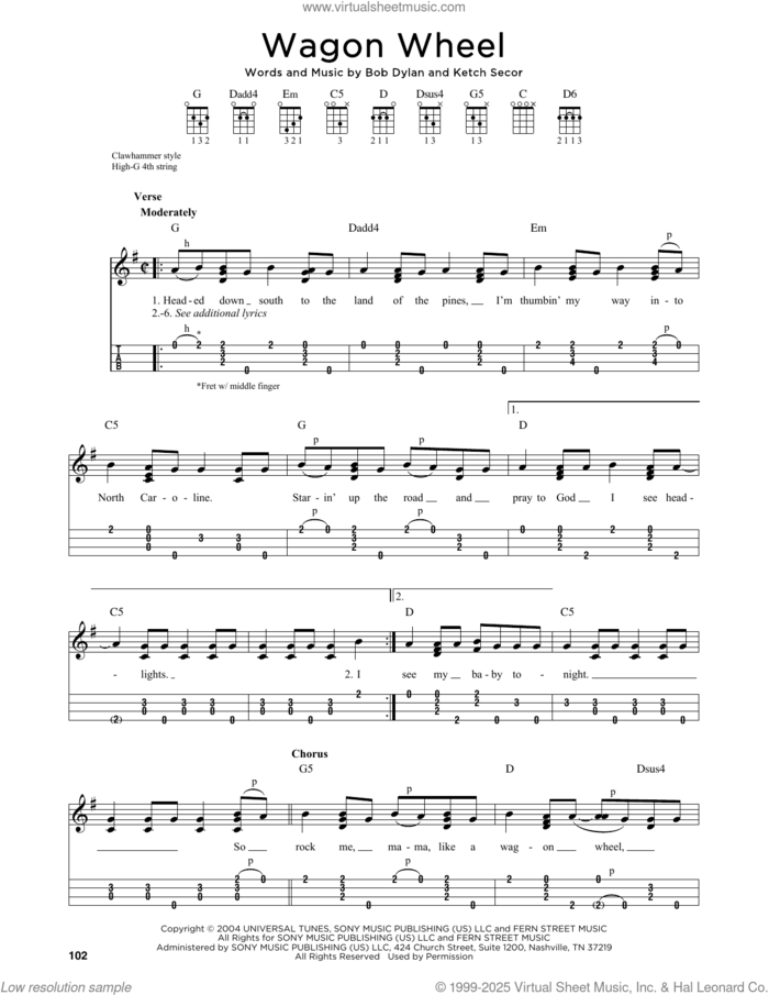 Wagon Wheel (arr. Jim Schustedt) sheet music for ukulele by Old Crow Medicine Show, Jim Schustedt, Bob Dylan and Ketch Secor, intermediate skill level