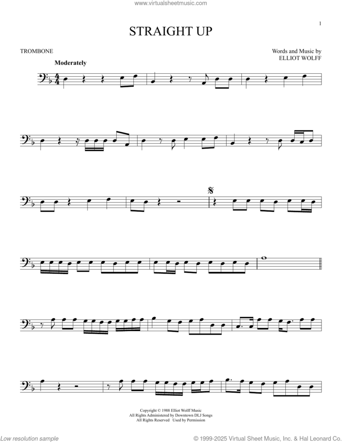 Straight Up sheet music for trombone solo by Paula Abdul and Elliot Wolff, intermediate skill level