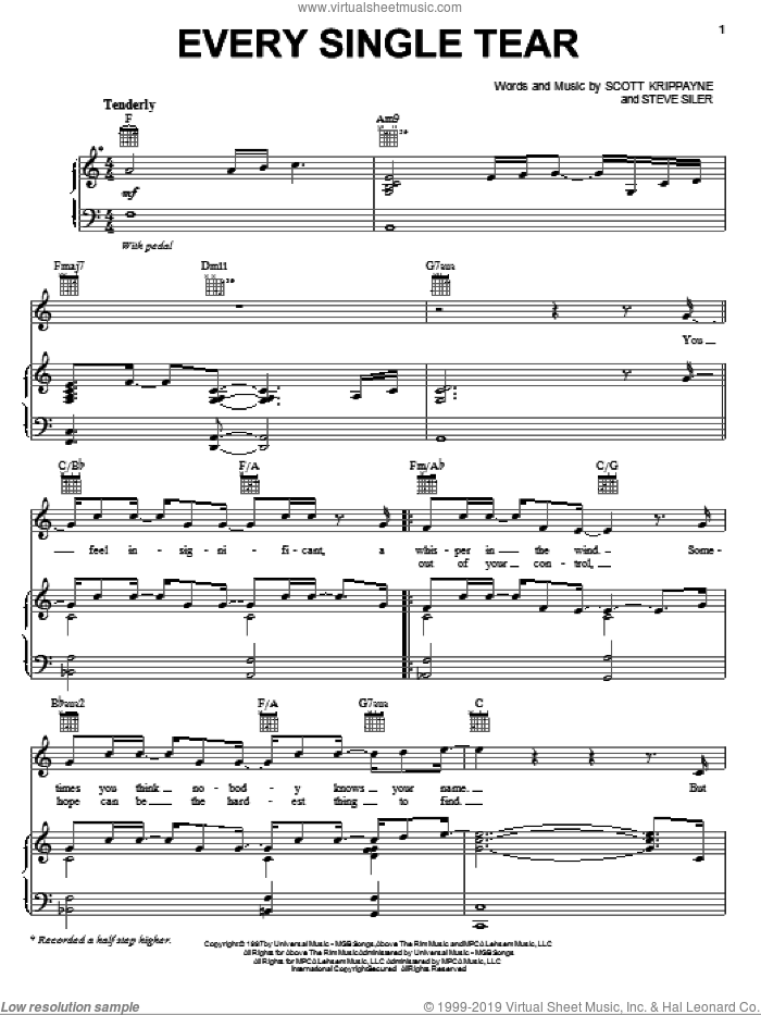 Every Single Tear sheet music for voice, piano or guitar by Scott Krippayne and Steve Siler, intermediate skill level