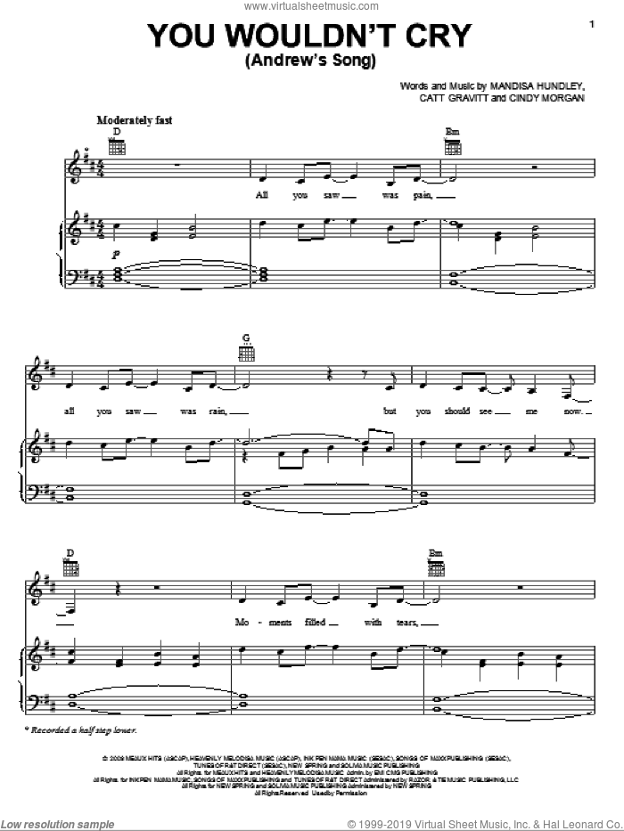 You Wouldn't Cry (Andrew's Song) sheet music for voice, piano or guitar by Mandisa, Catt Gravitt, Cindy Morgan and Mandisa Hundley, intermediate skill level