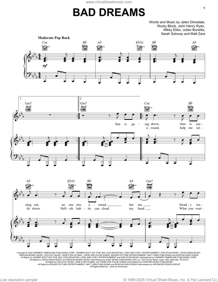 Bad Dreams sheet music for voice, piano or guitar by Teddy Swims, Jaten Dimsdale (Teddy Swims), John Henry Ryan, Julian Bunetta, Matt Zara, Mikky Ekko, Rocky Block and Sarah Solovay, intermediate skill level