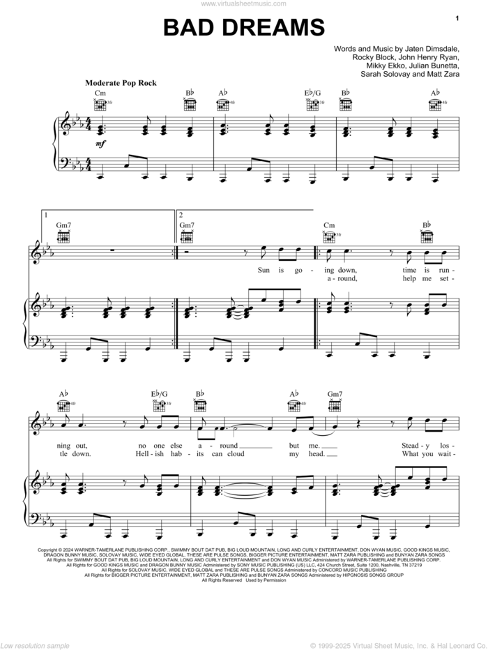 Bad Dreams sheet music for voice, piano or guitar by Teddy Swims, Jaten Dimsdale (Teddy Swims), John Henry Ryan, Julian Bunetta, Matt Zara, Mikky Ekko, Rocky Block and Sarah Solovay, intermediate skill level
