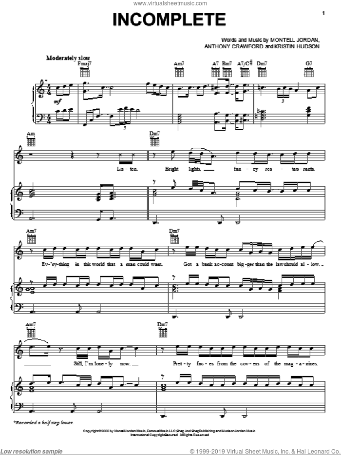 Incomplete sheet music for voice, piano or guitar by Sisqo, Anthony Crawford, Kristin Hudson and Montell Jordan, intermediate skill level