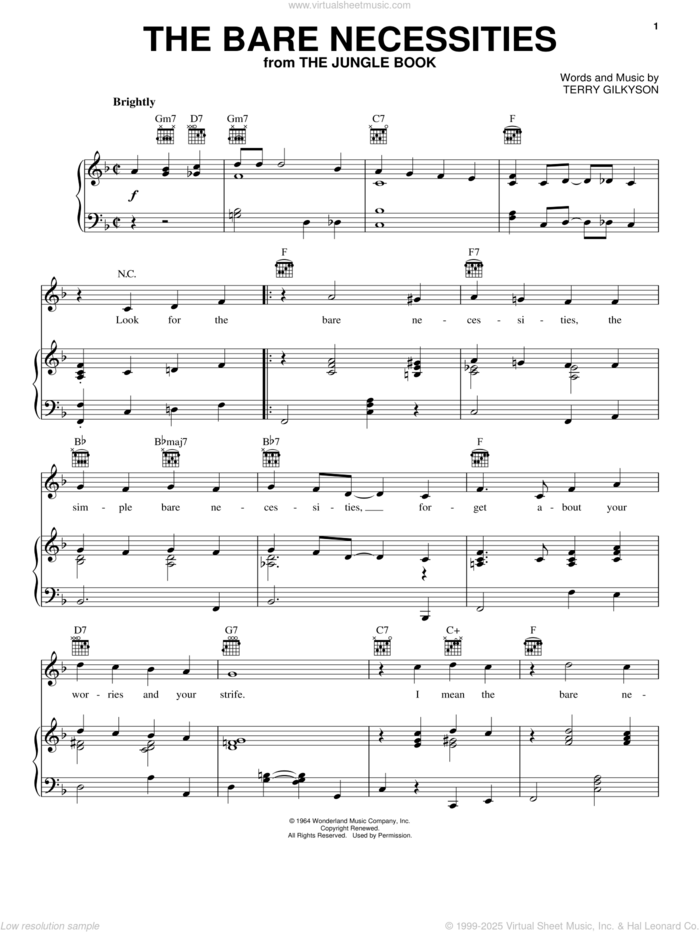 The Bare Necessities sheet music for voice, piano or guitar by Terry Gilkyson, intermediate skill level