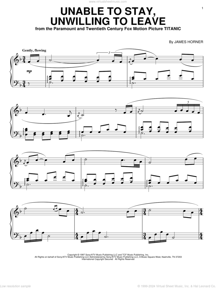 Unable To Stay, Unwilling To Leave sheet music for piano solo by James Horner, intermediate skill level