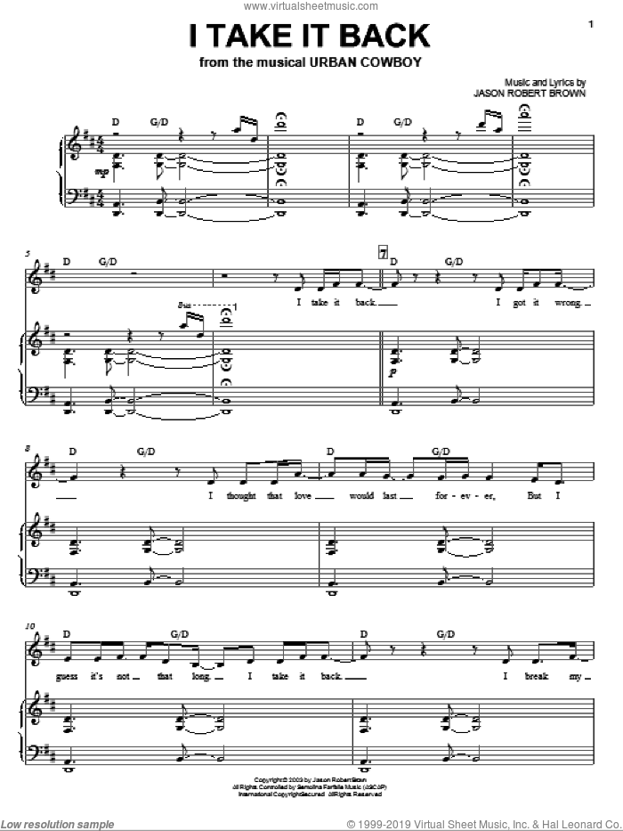 I Take It Back sheet music for voice and piano by Jason Robert Brown and Urban Cowboy (Musical), intermediate skill level