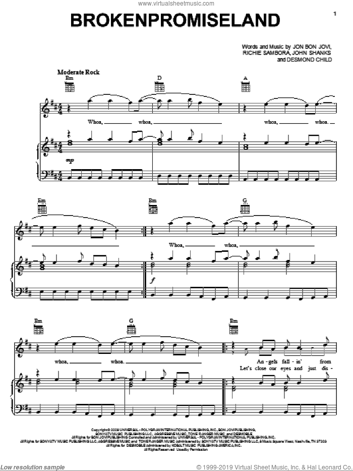 Brokenpromiseland sheet music for voice, piano or guitar by Bon Jovi, Desmond Child, John Shanks and Richie Sambora, intermediate skill level
