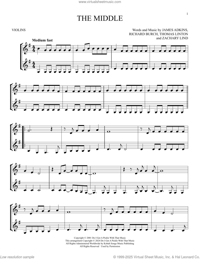 The Middle sheet music for two violins (duets, violin duets) by Jimmy Eat World, James Adkins, Richard Burch, Thomas Linton and Zachary Lind, intermediate skill level