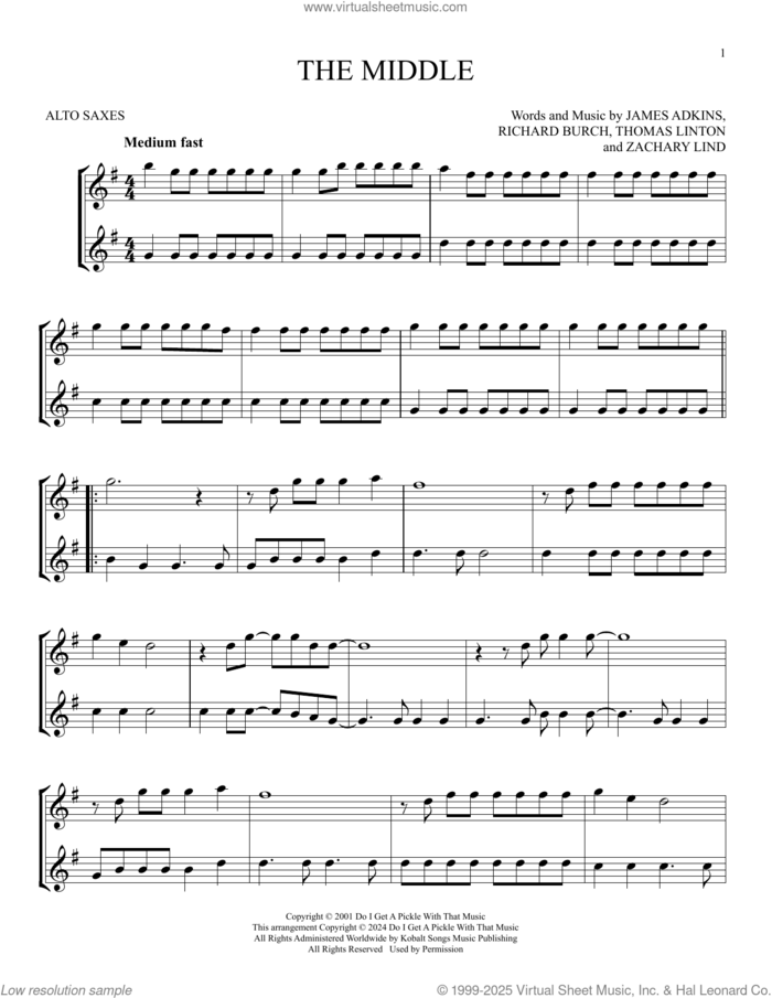 The Middle sheet music for two alto saxophones (duets) by Jimmy Eat World, James Adkins, Richard Burch, Thomas Linton and Zachary Lind, intermediate skill level