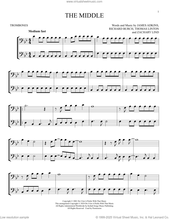 The Middle sheet music for two trombones (duet, duets) by Jimmy Eat World, James Adkins, Richard Burch, Thomas Linton and Zachary Lind, intermediate skill level