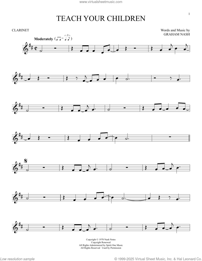 Teach Your Children sheet music for clarinet solo by Crosby, Stills, Nash & Young and Graham Nash, intermediate skill level