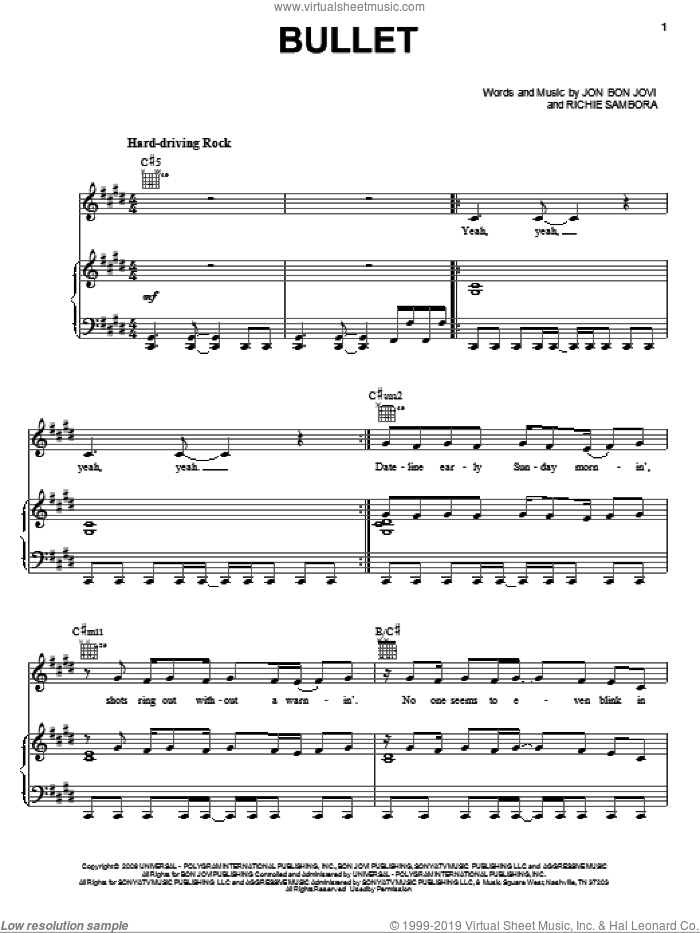 Bullet sheet music for voice, piano or guitar by Bon Jovi and Richie Sambora, intermediate skill level