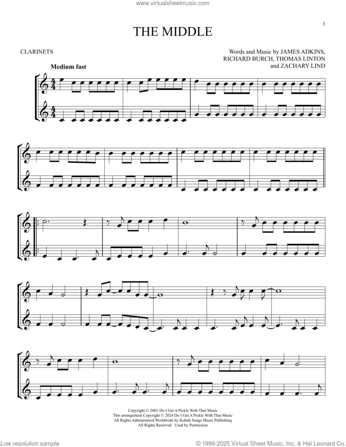 The Middle sheet music for two clarinets (duets) by Jimmy Eat World, James Adkins, Richard Burch, Thomas Linton and Zachary Lind, intermediate skill level