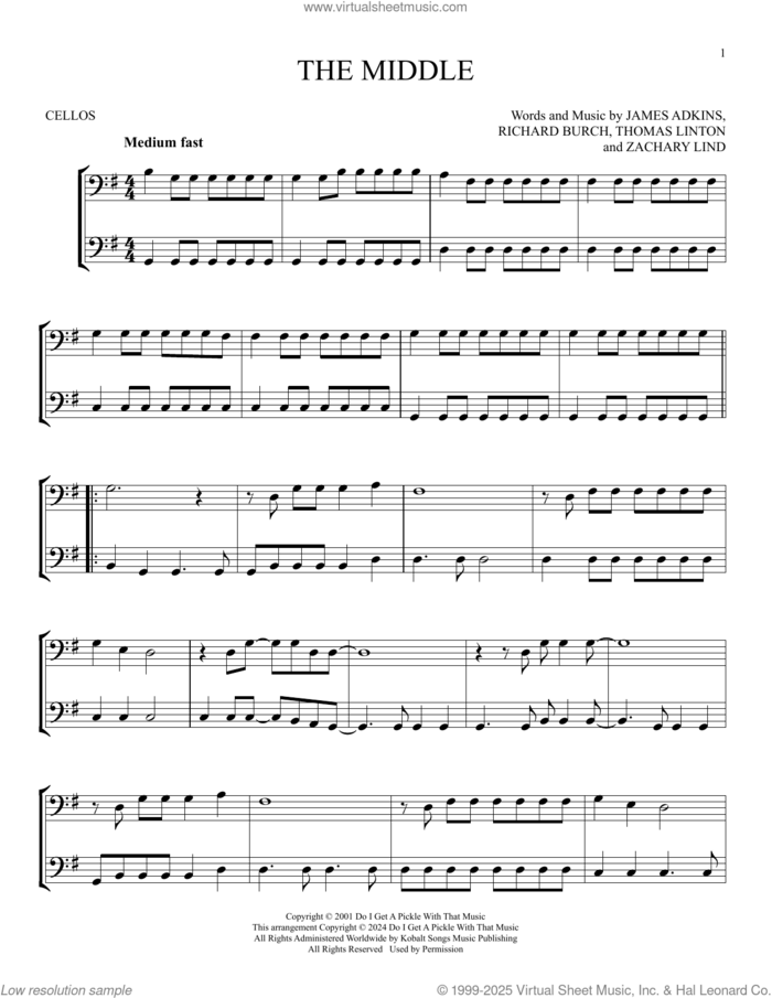 The Middle sheet music for two cellos (duet, duets) by Jimmy Eat World, James Adkins, Richard Burch, Thomas Linton and Zachary Lind, intermediate skill level