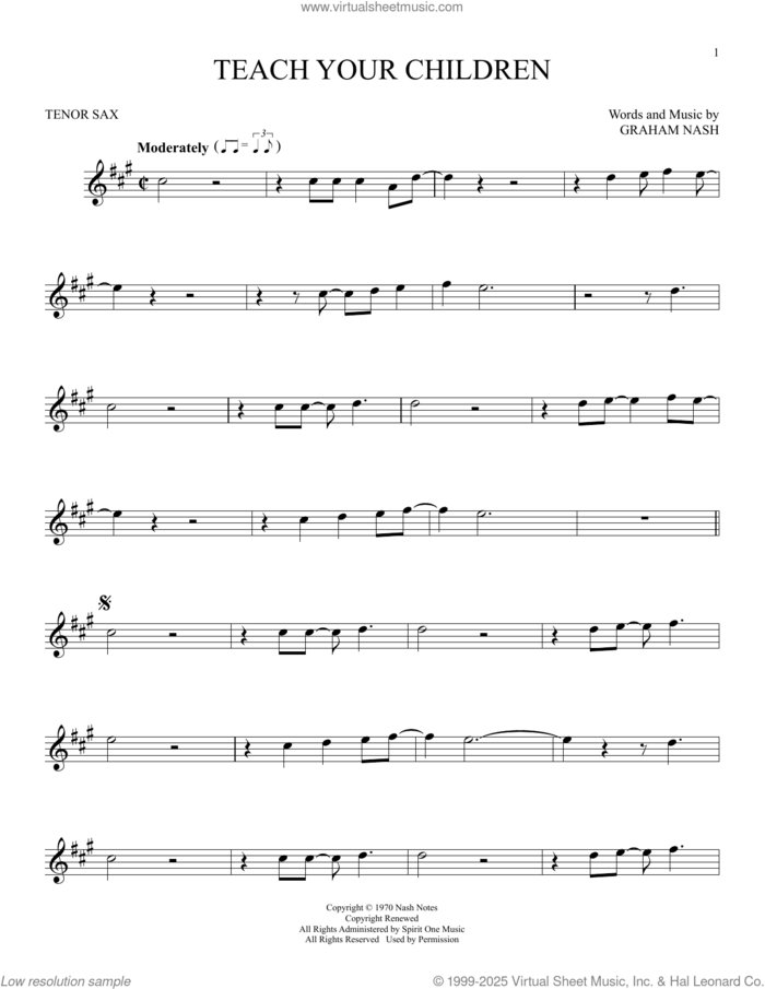 Teach Your Children sheet music for tenor saxophone solo by Crosby, Stills, Nash & Young and Graham Nash, intermediate skill level