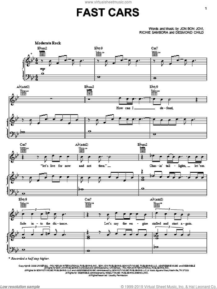 Fast Cars sheet music for voice, piano or guitar by Bon Jovi, Desmond Child and Richie Sambora, intermediate skill level