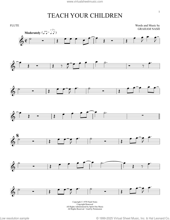 Teach Your Children sheet music for flute solo by Crosby, Stills, Nash & Young and Graham Nash, intermediate skill level