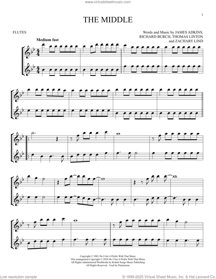 The Middle sheet music for two flutes (duets) by Jimmy Eat World, James Adkins, Richard Burch, Thomas Linton and Zachary Lind, intermediate skill level