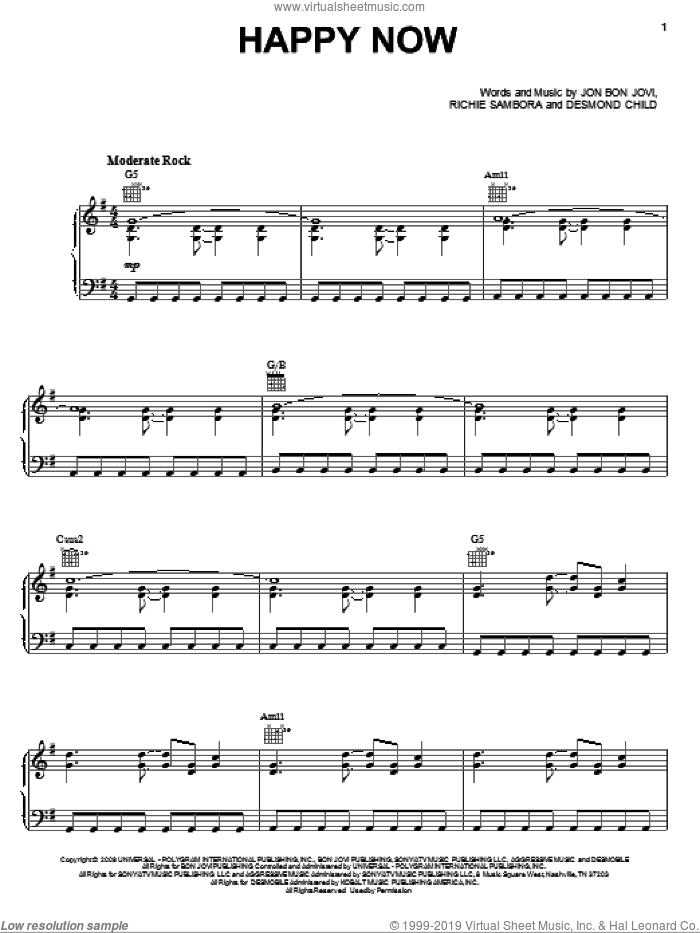Happy Now sheet music for voice, piano or guitar by Bon Jovi, Desmond Child and Richie Sambora, intermediate skill level