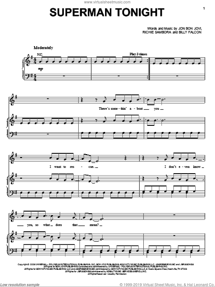 Superman Tonight sheet music for voice, piano or guitar by Bon Jovi, Billy Falcon and Richie Sambora, intermediate skill level
