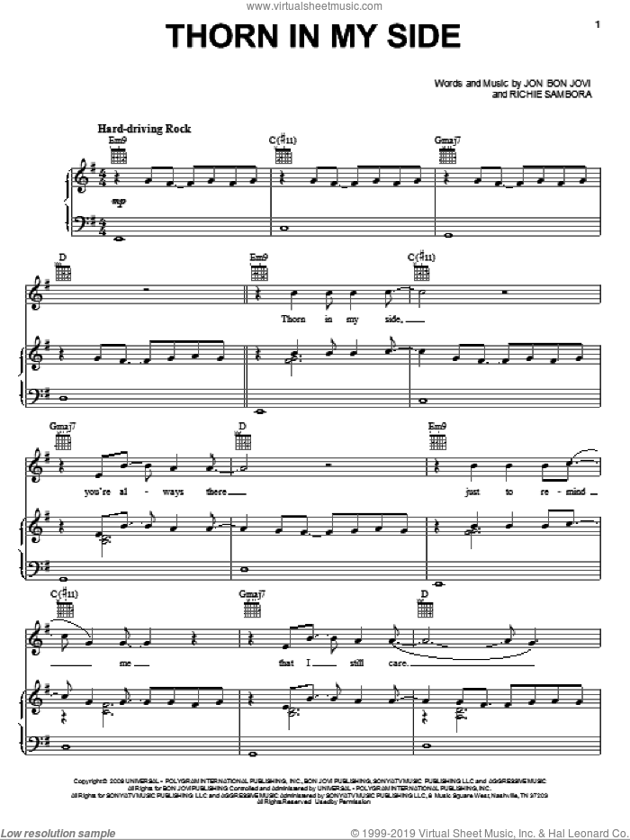 Thorn In My Side sheet music for voice, piano or guitar by Bon Jovi and Richie Sambora, intermediate skill level