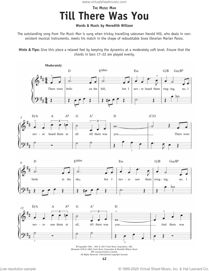 Till There Was You sheet music for piano solo by The Beatles and Meredith Willson, beginner skill level