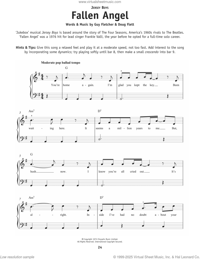 Fallen Angel sheet music for piano solo by Guy Fletcher and Doug Flett, beginner skill level