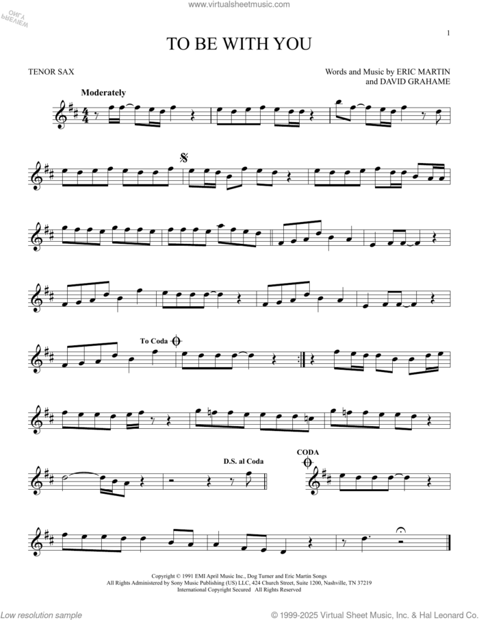 To Be With You sheet music for tenor saxophone solo by Mr. Big, David Grahame and Eric Martin, intermediate skill level