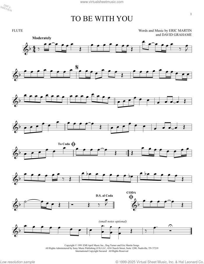 To Be With You sheet music for flute solo by Mr. Big, David Grahame and Eric Martin, intermediate skill level