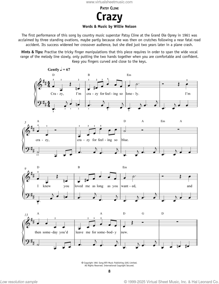 Crazy sheet music for piano solo by Patsy Cline and Willie Nelson, beginner skill level