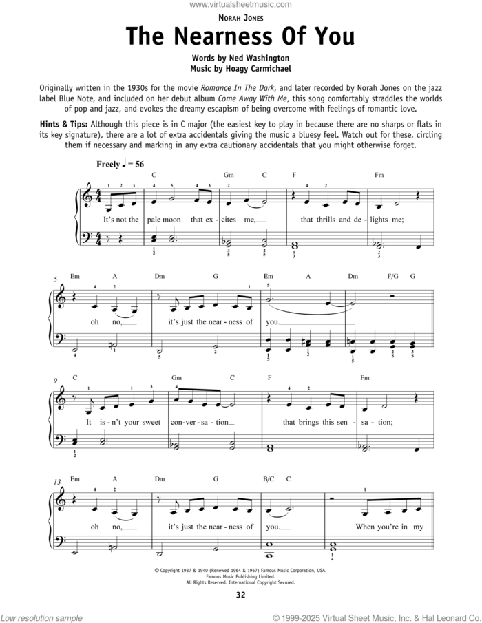 The Nearness Of You sheet music for piano solo by George Shearing, Hoagy Carmichael and Ned Washington, beginner skill level