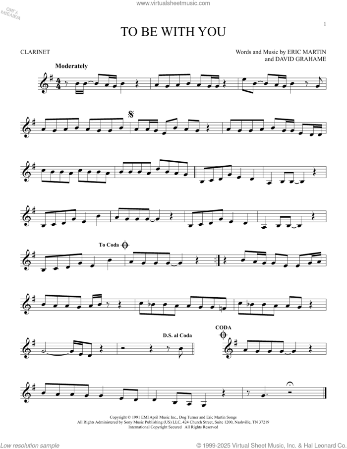 To Be With You sheet music for clarinet solo by Mr. Big, David Grahame and Eric Martin, intermediate skill level