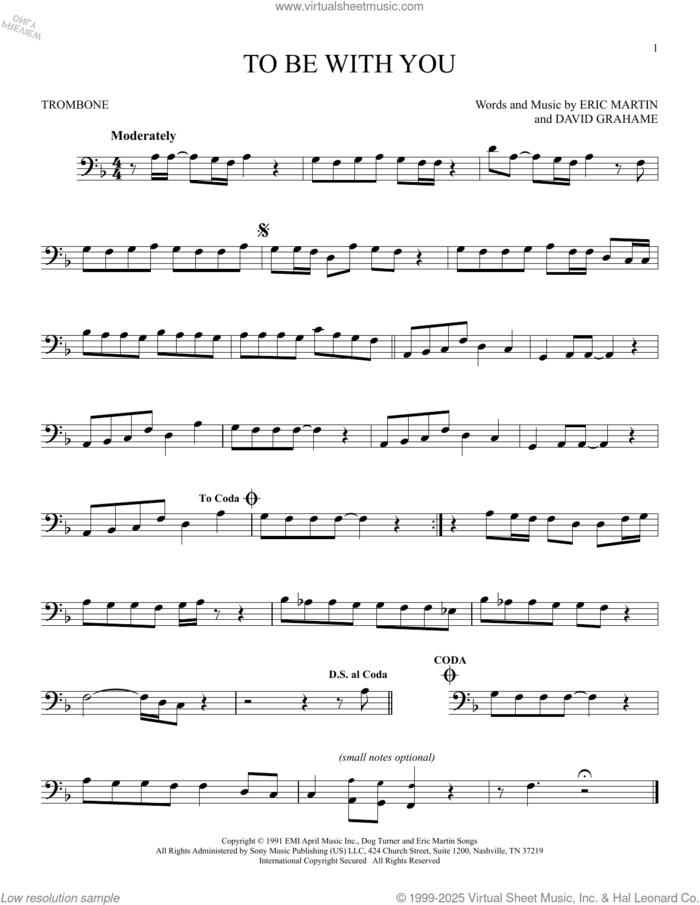 To Be With You sheet music for trombone solo by Mr. Big, David Grahame and Eric Martin, intermediate skill level