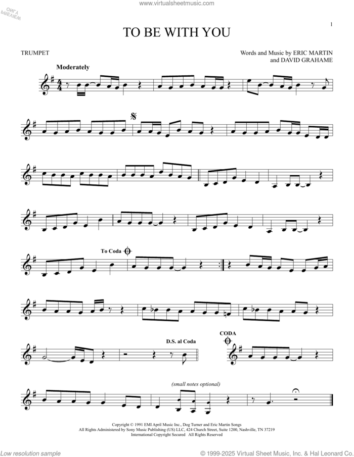 To Be With You sheet music for trumpet solo by Mr. Big, David Grahame and Eric Martin, intermediate skill level