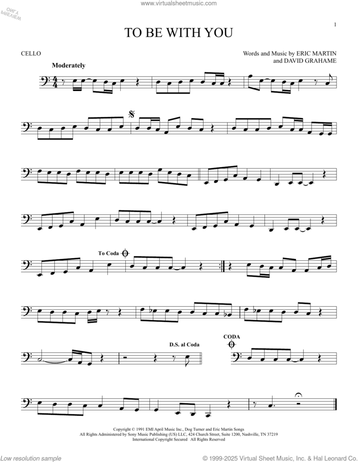 To Be With You sheet music for cello solo by Mr. Big, David Grahame and Eric Martin, intermediate skill level