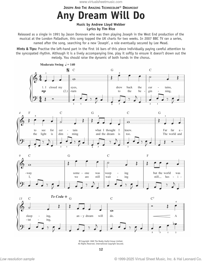 Any Dream Will Do (from Joseph And The Amazing Technicolor Dreamcoat) sheet music for piano solo by Andrew Lloyd Webber and Tim Rice, beginner skill level