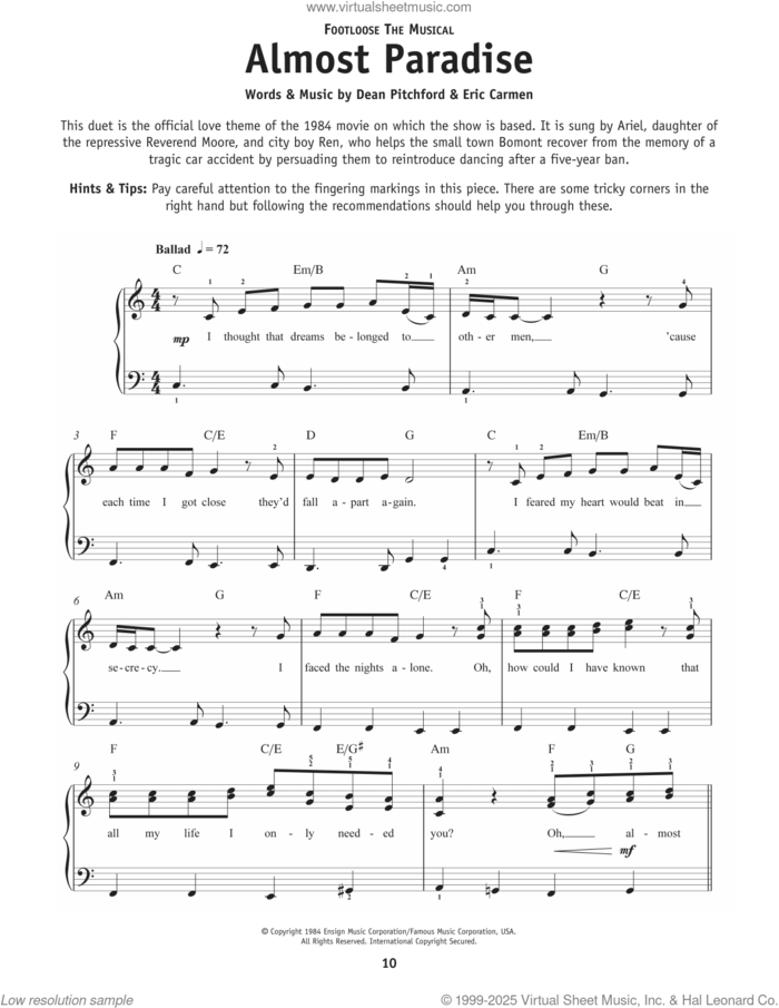 Almost Paradise (from Footloose) sheet music for piano solo by Ann Wilson & Mike Reno, Dean Pitchford and Eric Carmen, beginner skill level