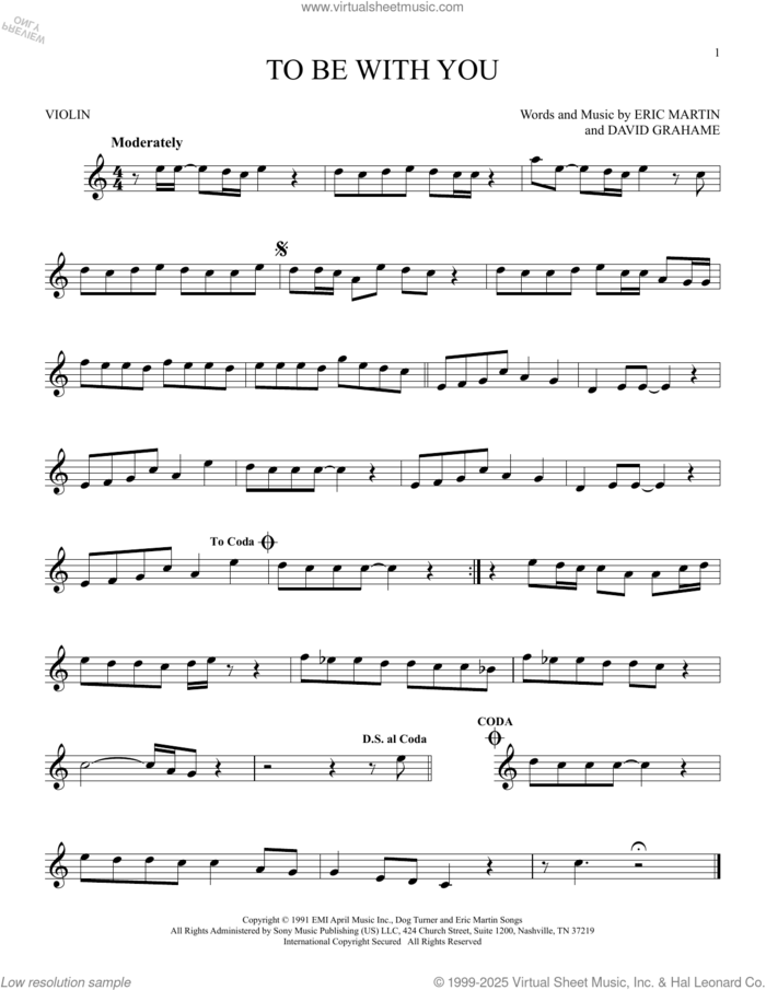 To Be With You sheet music for violin solo by Mr. Big, David Grahame and Eric Martin, intermediate skill level